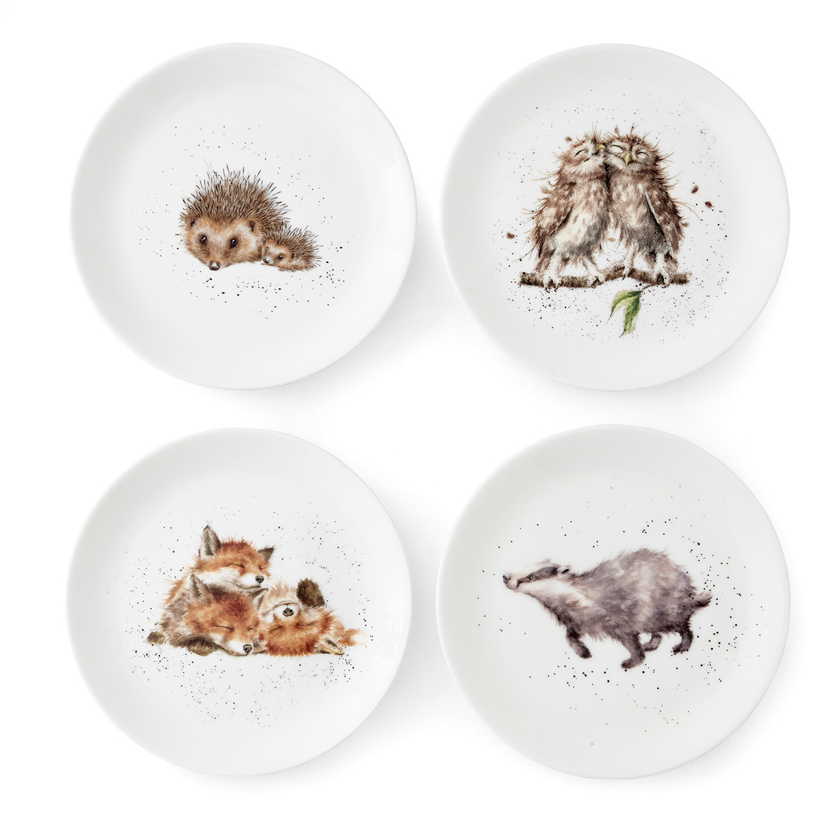 Wrendale Designs Coupe Plates S/4 Assorted. Badger, Hedgehog, Fox, Owl image number null